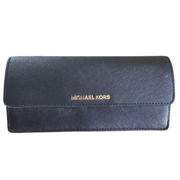 Michael Kors Jet Set Travel Double Top Zip Black Leather Wallet Purse - Picture 1 of 8